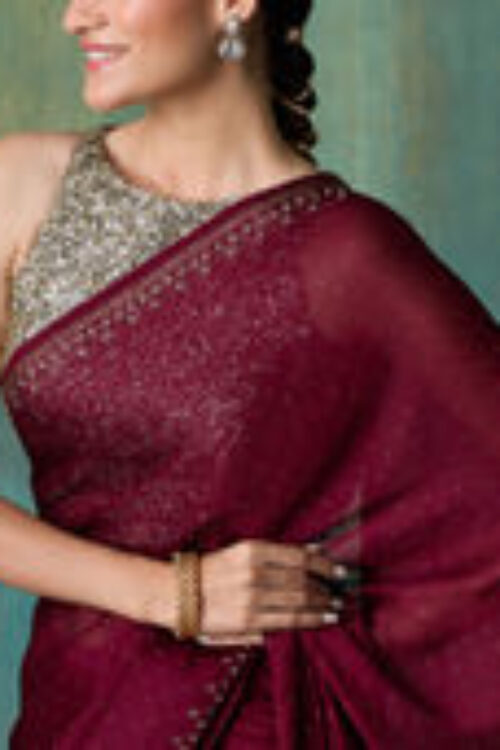 Wine Satin Solid Embellished and Sequined Saree with Unstitched Blouse LIKSAR19 (Free Size)