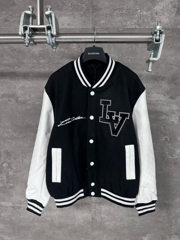Men’s premium black and white varsity letterman jacket with contrast sleeves