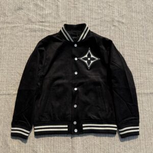 Luxury black varsity jacket for men with embroidered chest badge and striped collar