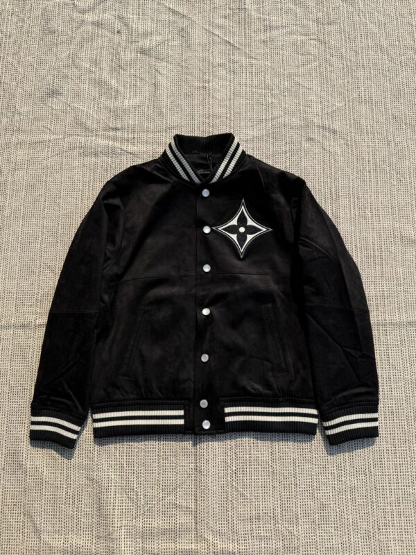 Luxury black varsity jacket for men with embroidered chest badge and striped collar