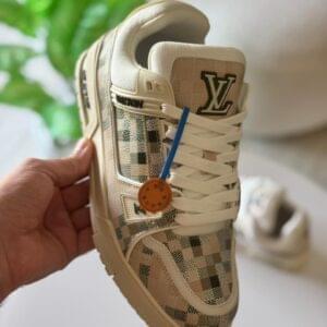 Luxury-inspired beige checkered sneakers for men with cushioned sole and premium design